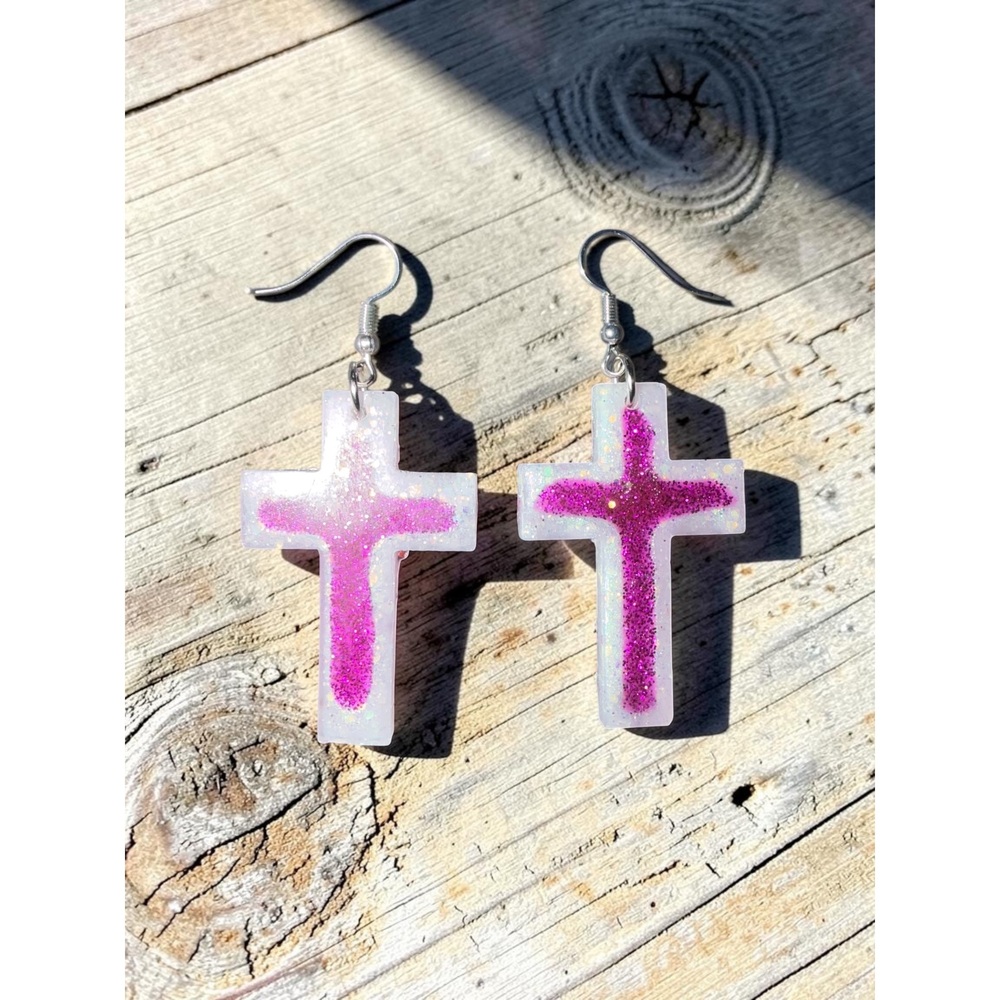 Handmade Pink Ombre Cross Earrings - Picture 8 of 9